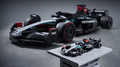 The life-sized Lego version of the Mercedes-AMG car next to the smaller model it's based on. Photo: Lego Middle East