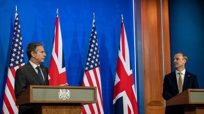 UK Foreign Secretary, Dominic Raab, right, and US Secretary of State, Antony Blinken hold a joint press conference at Downing Street, London. Getty.
