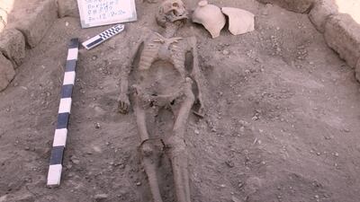 A human skeleton found in Luxor, Egypt. Zahi Hawass Centre for Egyptology and High Council of Antiquities Joint Mission / Reuters