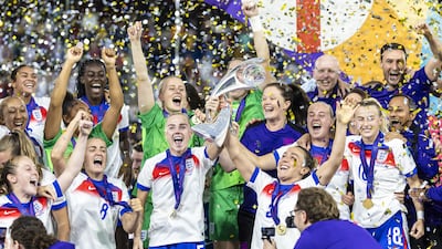 England celebrate with the trophy after winning the Women's Euro 2025 final. EPA