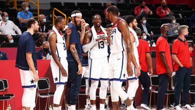 Kevin Durant and teammates during the Olympic final against France.