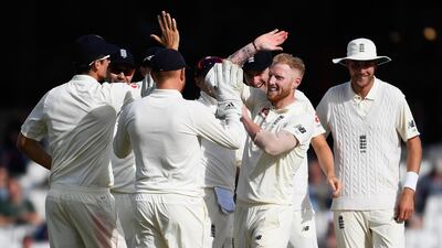 Ben Stokes celebrates after taking the wicket of Quinton de Kock on Day 4 of the Test at The Oval. Mike Hewitt / Getty Images