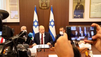 Israeli Prime Minister Naftali Bennett heads a weekly cabinet meeting at his office in Jerusalem. EPA
