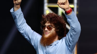UFC middleweight Shara Magomedov at the press conference ahead of his fight against Armen Petrosyan at UFC 308. Etihad Arena, Yas Island, Abu Dhabi. Chris Whiteoak / The National