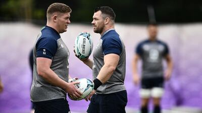 Ireland's props Tadhg Furlong (L) and Cian Healy take part in a training session at the Arcs Urayasu Park in Urayasu on October 15, 2019, during the Japan 2019 Rugby World Cup. / AFP / Anne-Christine POUJOULAT