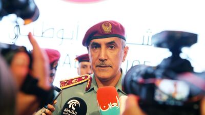 ABU DHABI , UNITED ARAB EMIRATES , JULY 24 – 2017 :- Mohammed K Al Romaithi , Deputy Commander – in Chief of Abu Dhabi Police speaking to the media personals after the launch of new logo of Abu Dhabi Police at the Armed Forces Officers Club in Abu Dhabi . ( Pawan Singh / The National ) Story by Haneen