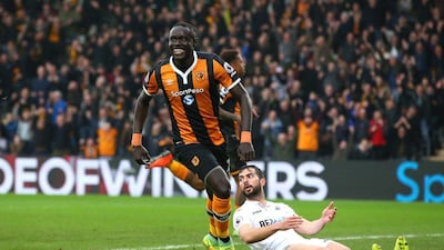 Oumar Niasse of Hull City celebrates after scoring agaisnt Swansea City at KCOM Stadium on March 11, 2017 in Hull, England. Alex Livesey / Getty Images