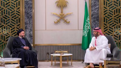 Saudi Crown Prince Mohammed bin Salman receives the leader of Iraq's National Wisdom Movement, Ammar Al Hakim, in the Saudi coastal city of Jeddah. AFP