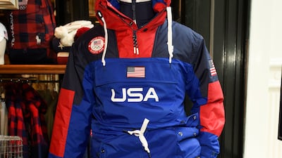 Team USA Beijing Winter Olympics flagbearer opening ceremony uniform designed by Ralph Lauren on display in New York. Invision / AP