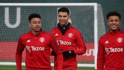 Manchester United's Jesse Lingard, Cristiano Ronaldo and Jadon Sancho during a session at Carrington training ground ahead of the Premier League clash against Norwich City. All pictures Getty Images