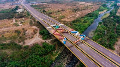 AN aerial view of containers blocking the Tienditas Bridge which links Tachira, Venezuela, and Cucuta, Colombia, as seen from Cucuta, Colombia. AFP
