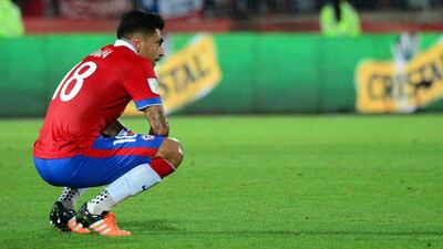 Chile’s Gonzalo Jara reacts at the end of Thursday night’s 1-1 draw against Colombia in 2018 World Cup qualifying. Martin Bernetti / AFP