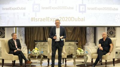 Left to Right: Ilan Sztulman, Israel consul general, Dubai, Elazar Cohen, commissioner general and Josh Bendit, Israel pavilion director at the press conference at Al Habtoor Palace in Dubai. Pawan Singh / The National.