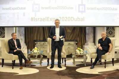 Left to Right: Ilan Sztulman, Israel consul general, Dubai, Elazar Cohen, commissioner general and Josh Bendit, Israel pavilion director at the press conference at Al Habtoor Palace in Dubai. Pawan Singh / The National.