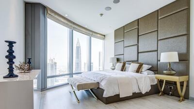 The bedroom in the apartment in the Burj Khalifa. Courtesy of Luxhabitat