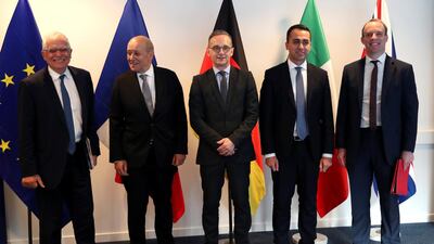 EU High Representative for Foreign Affairs and Security Policy Josep Borrell, French Foreign Minister Jean-Yves Le Drian, German Foreign Minister Heiko Maas, Italy's Foreign Minister Luigi Di Maio and Britain's Foreign Secretary Dominic Raab attend a meeting to discuss Libya's crisis in Brussels, Belgium Reuters