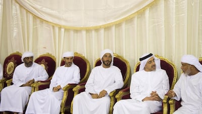 Sheikh Abdullah visited the condolence gatherings for martyrs Adil Saleh Abdullah Al Shehhi and Abdullah Omer Mubarak Al Jaberi, in Ras Al Khaimah and of martyr Saeed Obaid bin Fadil Al Ali in Umm Al Quwain.