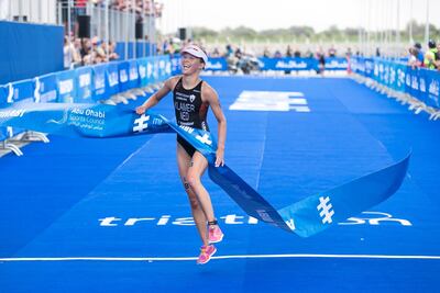 Rachel Klamer, Dutch crosses the finish line to win the ITU World Triathlon Abu Dhabi. Reem Mohammed / The National