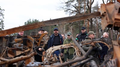 European Council President Charles Michel inspecting damage as he is given a tour of Borodyanka, in Ukraine, on Wednesday. Photo: EPA
