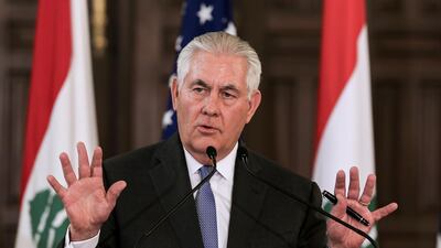 US Secretary of State Rex Tillerson speaks during a joint press conference with Lebanese Prime Minister Saad Hariri (not pictured) at the government palace in Beirut, Lebanon, 15 February 2018. Nabil Mounzer/EPA