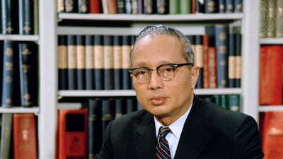 Secretary-General U Thant is seen in a United Nations television studio recording his 1968 United Nations Day message.