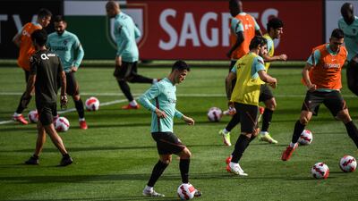 Portugal's Cristiano Ronaldo alongside teammates at training. EPA