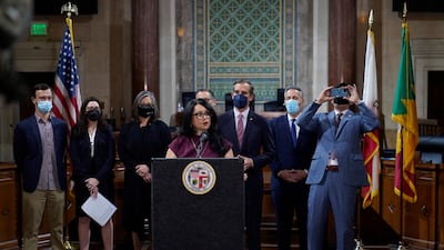 Los Angeles City Council President Nury Martinez with Mayor Eric Garcetti this year. AP