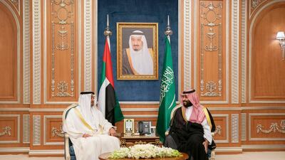 His Highness Sheikh Mohamed bin Zayed Al Nahyan, Crown Prince of Abu Dhabi and Deputy Supreme Commander of the UAE Armed Forces (L) meets with HRH Mohamed bin Salman bin Abdulaziz, Crown Prince, Deputy Prime Minister and Minister of Defence of Saudi Arabia (R), in Riyadh on Tuesday. Ministry of Presidential Affairs