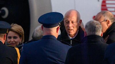 Tunisia's President Kais Saied, centre, arrives at Andrews Air Force Base in Maryland on Monday to attend the US-Africa Leaders Summit. AFP