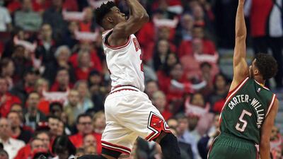 Jimmy Butler of the Chicago Bulls lifts up for a shot on Monday night in his team's NBA play-offs win against the Milwaukee Bucks. Jonathan Daniel / Getty Images / AFP / April 20, 2015