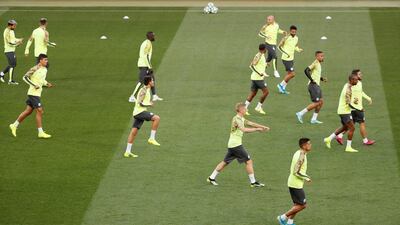 Manchester City players training at Metalist Stadium in Kharkiv on Tuesday. Reuters