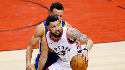 Toronto Raptors guard Fred VanVleet (23) dribbles while defended by Golden State Warriors guard Stephen Curry. USA Today