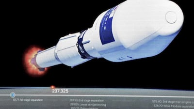 A large screen in the Tunisian capital Tunis shows the launch of Russia's Soyuz-2.1a carrier rocket from the Baikonur cosmodrome. AFP