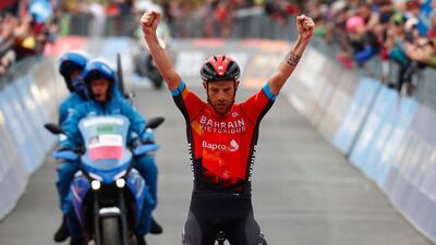Team Bahrain rider Damiano Caruso celebrates winning Stage 20 of the Giro d'Italia on Saturday, May 29. AFP