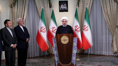 Iranian President Hassan Rouhani releases a statement on US President Donald Trump's decision to withdraw from the nuclear agreement, in Tehran, Iran, on May 8, 2018. Presidential Office / EPA
