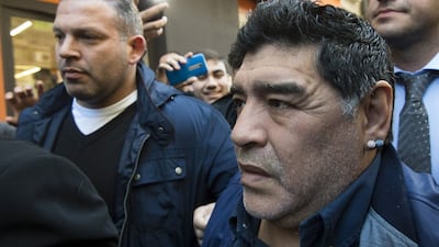 Argentine former football player Diego Maradona arrives to the Argentine Football Association (AFA) headquarters in Buenos Aires on Wednesday. Eitan Abramovich / AFP / July 6, 2016