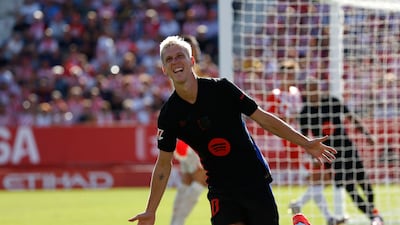 Barcelona's Dani Olmo celebrates after scoring. AP
