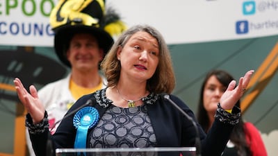 Conservative Party candidate Jill Mortimer speaks after she was declared the winner in the Hartlepool by-election. Getty Images