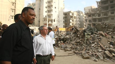 Jackson visits the southern suburbs of Beirut, a Hezbollah stronghold, where entire neighbourhoods were flattened in Israeli attacks, in August 2006. AFP