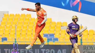Sanchit Sharma of Gulf Giants celebrates taking the wicket of Colin Ingram in the win against Abu Dhabi Knight Riders at the International League T20 at Zayed Cricket Stadium, Abu Dhabi on January 15, 2023. All pictures ILT20