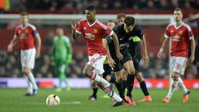 Marcus Rashford on the attack against Midtjylland in the last-32 second-leg at Old Trafford. AFP