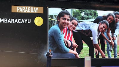 Brian Lott, chief communications officer at Mubadala Investment Company, speaks at the Zayed Future Energy Prize awards ceremony. Chris Whiteoak / The National