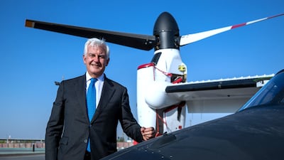 Alessandro Profumo, CEO of Leonardo at the Expo 2020 Dubai helicopter terminal with the AW609 TiltRotor aircraft. Victor Besa/The National.