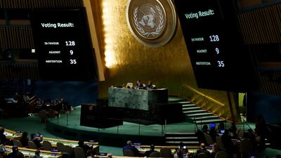 The results of a vote on a non-binding resolution condemning recent decisions about the status of Jerusalem at United Nations headquarters are shown. EPA/JUSTIN LANE