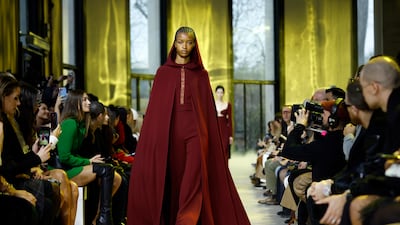 A dramatic hooded cape at the Elie Saab autumn/winter 2023 show. EPA