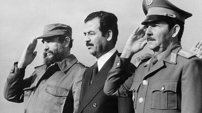 Saddam Hussein, then Iraqi vice president, with Fidel Castro and his younger brother and defence minister Raul, in Havana on January 30, 1979. Prensa Latina / AFP