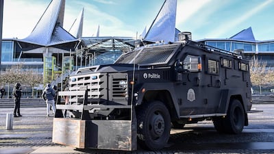 A Belgium armed police vehicle stationed outside the court as verdicts were given in the case of Assadollah Assadi and three others. AFP