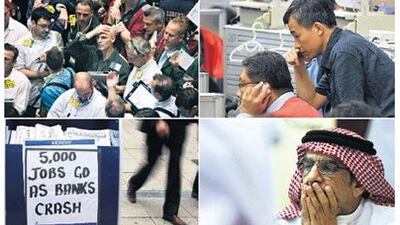Clockwise from top left: traders on the floor of the New York Mercantile Exchange; Hong Kong saw its stock exchange plunge 6.5 per cent after Lehman Brothers collapsed; an investor reacts as he follows the stock market activity at the Dubai Financial Market; a London newspaper says it all after Lehmans Brothers' British operations were placed in protection from creditors.