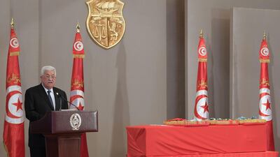 Palestinian President Mahmoud Abbas speaks during the state funeral of late president Essebsi at the presidential palace in the capital's eastern suburb of Carthage. AFP