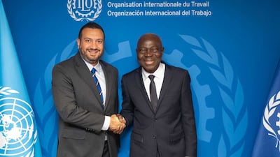 Jamal Al Musharakh, Permanent Representative of the United Arab Emirates to the UN and Other International Organisations in Geneva, with Gilbert F Houngbo, Director-General of the International Labour Organisation. Wam